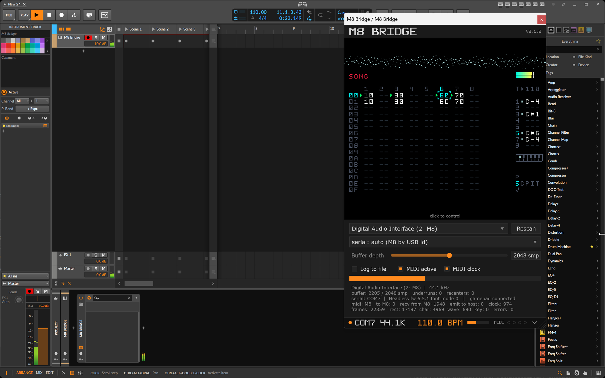 Bitwig Studio with the M8 Bridge plugin open on a track: the M8 song screen, audio and serial settings, and a status bar showing COM7, 44.1 kHz and 110 BPM