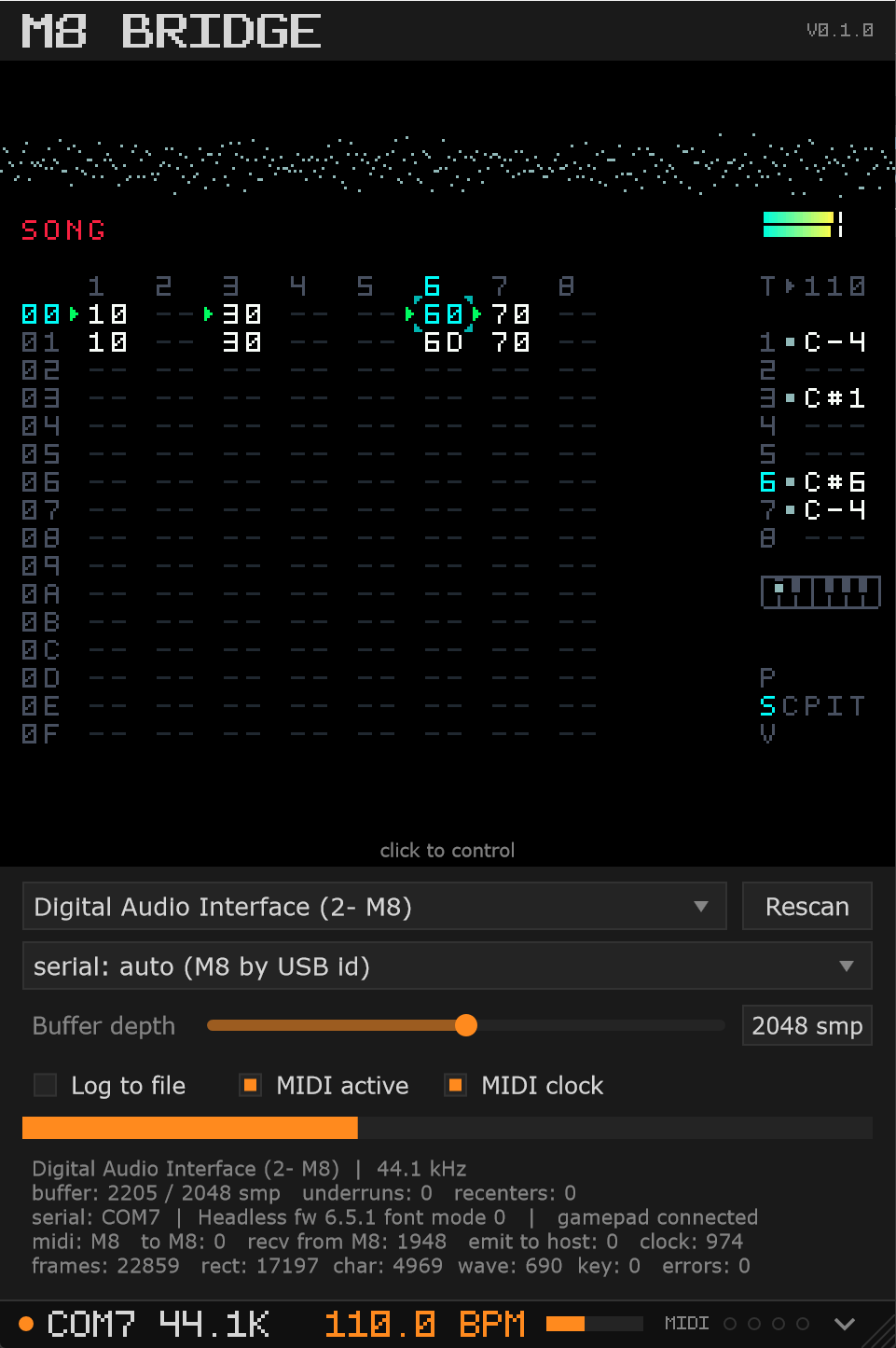 The M8 Bridge plugin window: M8 song screen, audio interface and serial selectors, buffer depth slider, MIDI toggles and connection stats