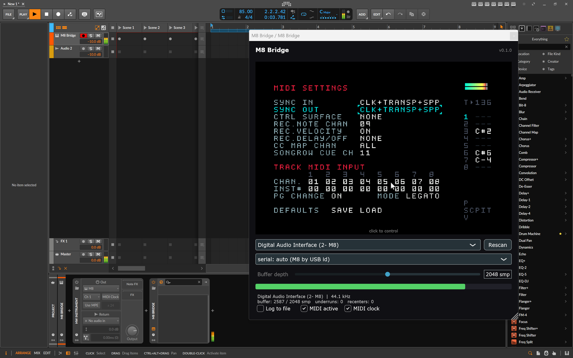 The M8 MIDI settings page inside the plugin, with sync in and out set to clock, transport and song position