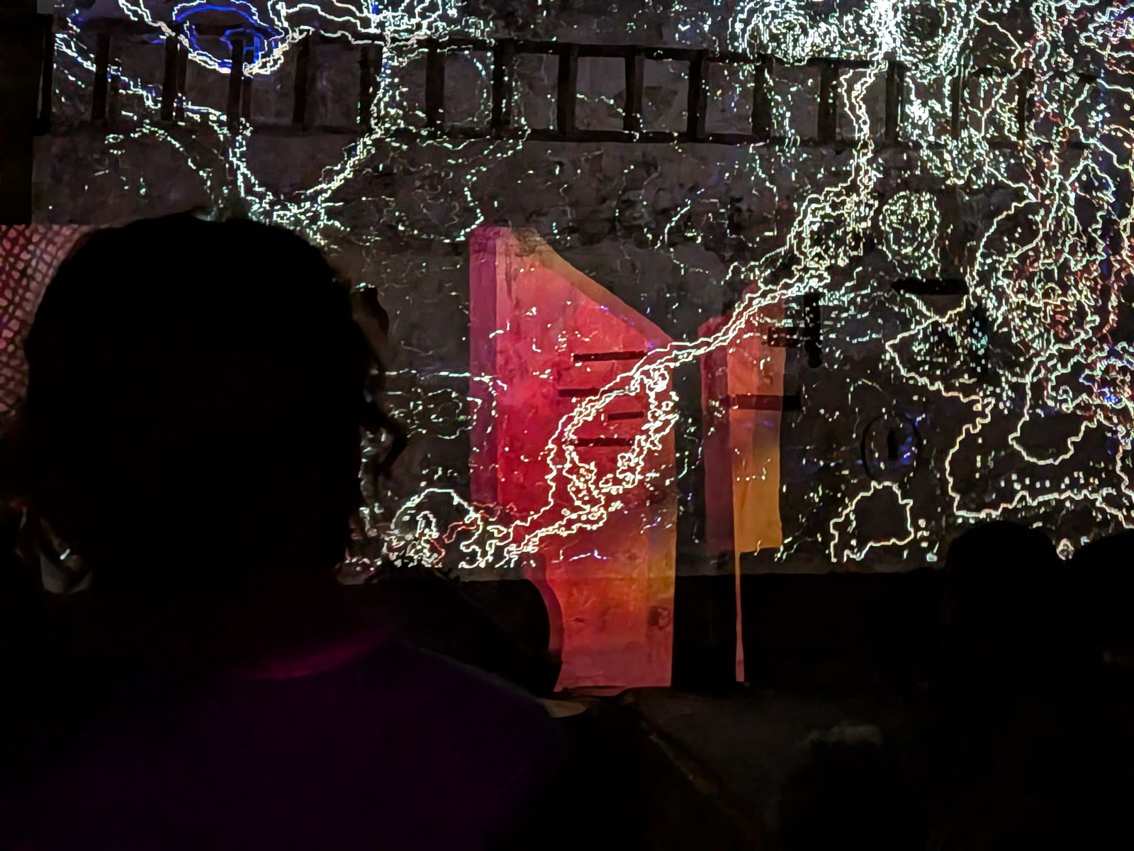 Audience silhouetted against projected light lines and mapped red panels