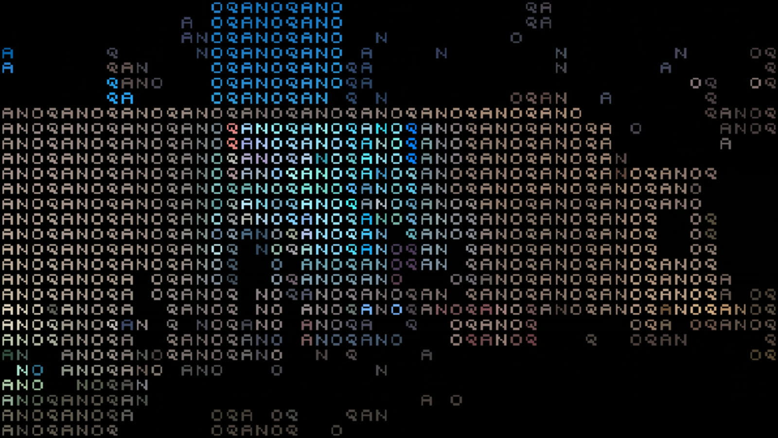 ANOQ rendered as coloured ASCII characters on black