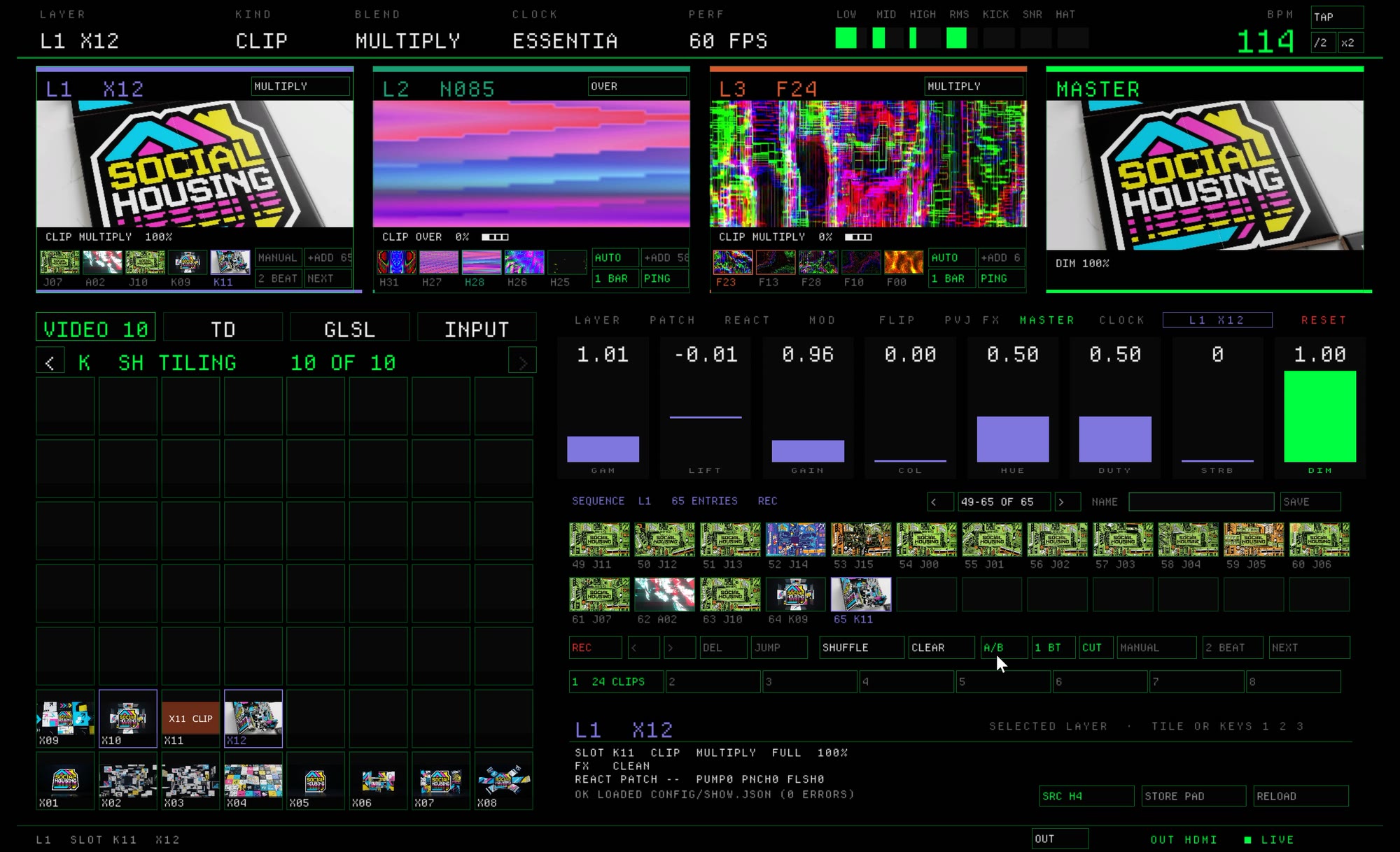PVJ-Touch interface: three layer previews and the master along the top, a clip bank, parameter bars and a beat-synced sequence strip below