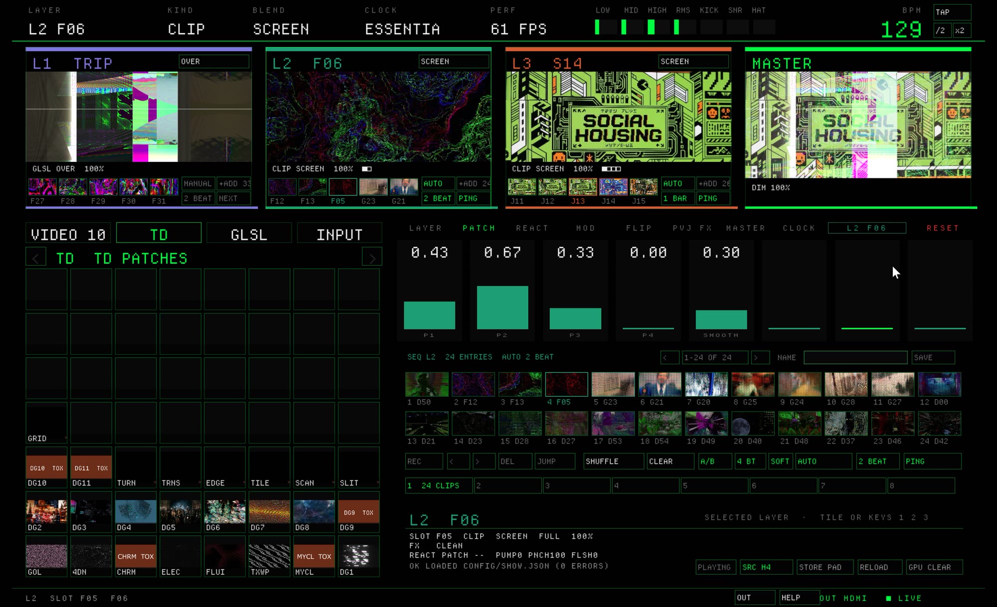 The TD tab: TouchDesigner patches laid out as pads, with three layers playing
