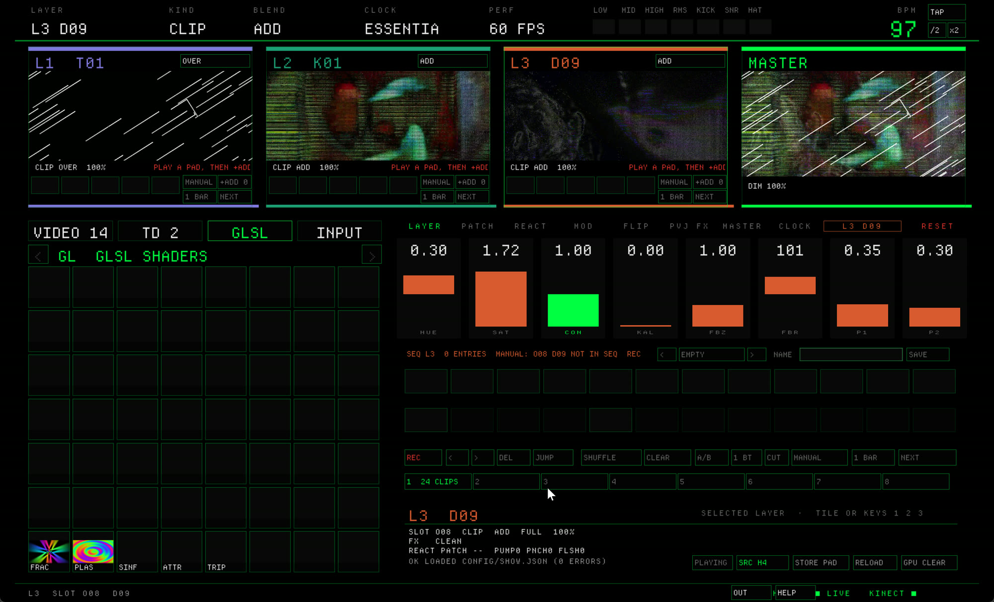 The GLSL tab: shader pads, with orange parameter bars for the selected layer