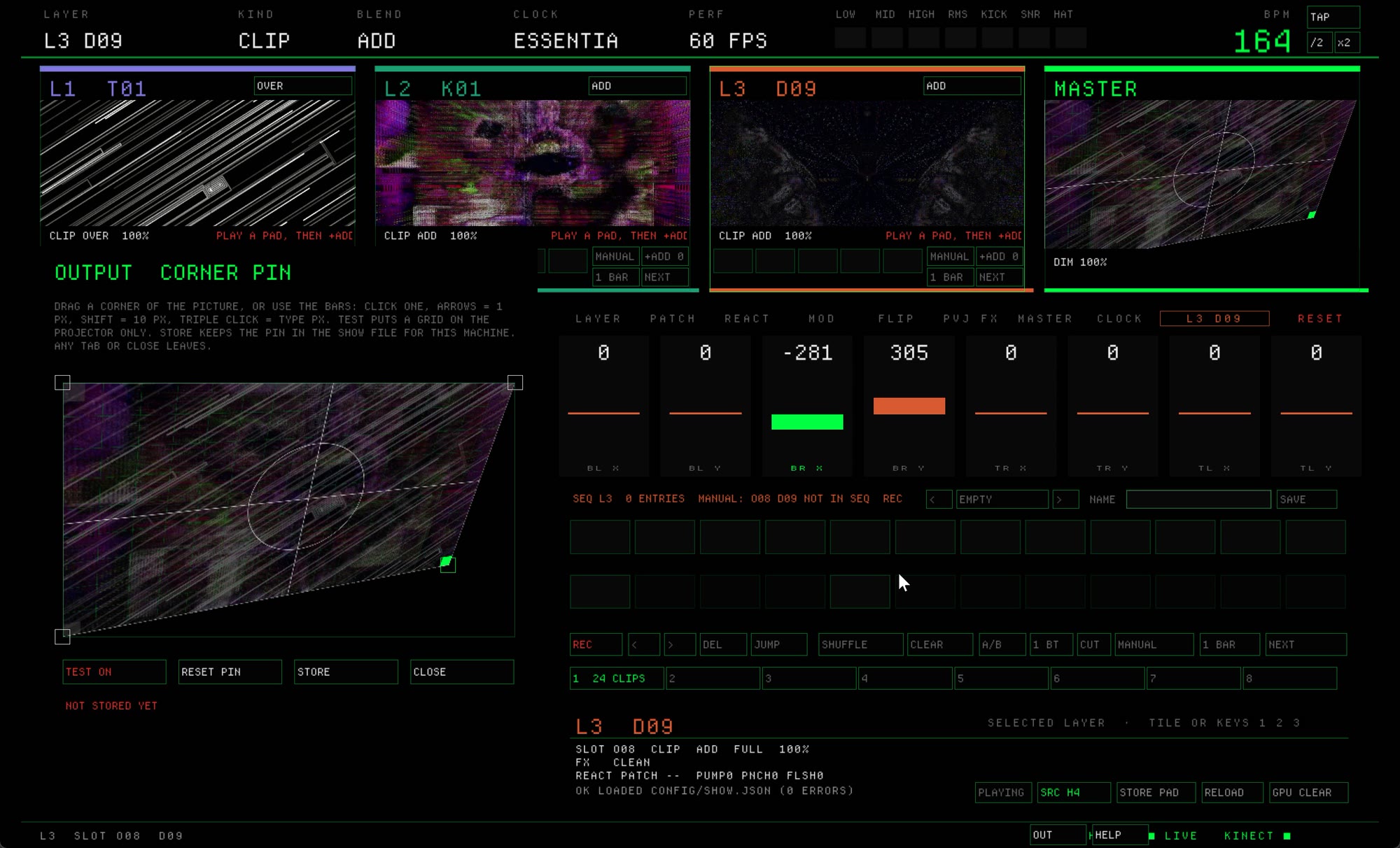Output corner pin editor: the picture warped by dragging its corners, with test, reset and store buttons
