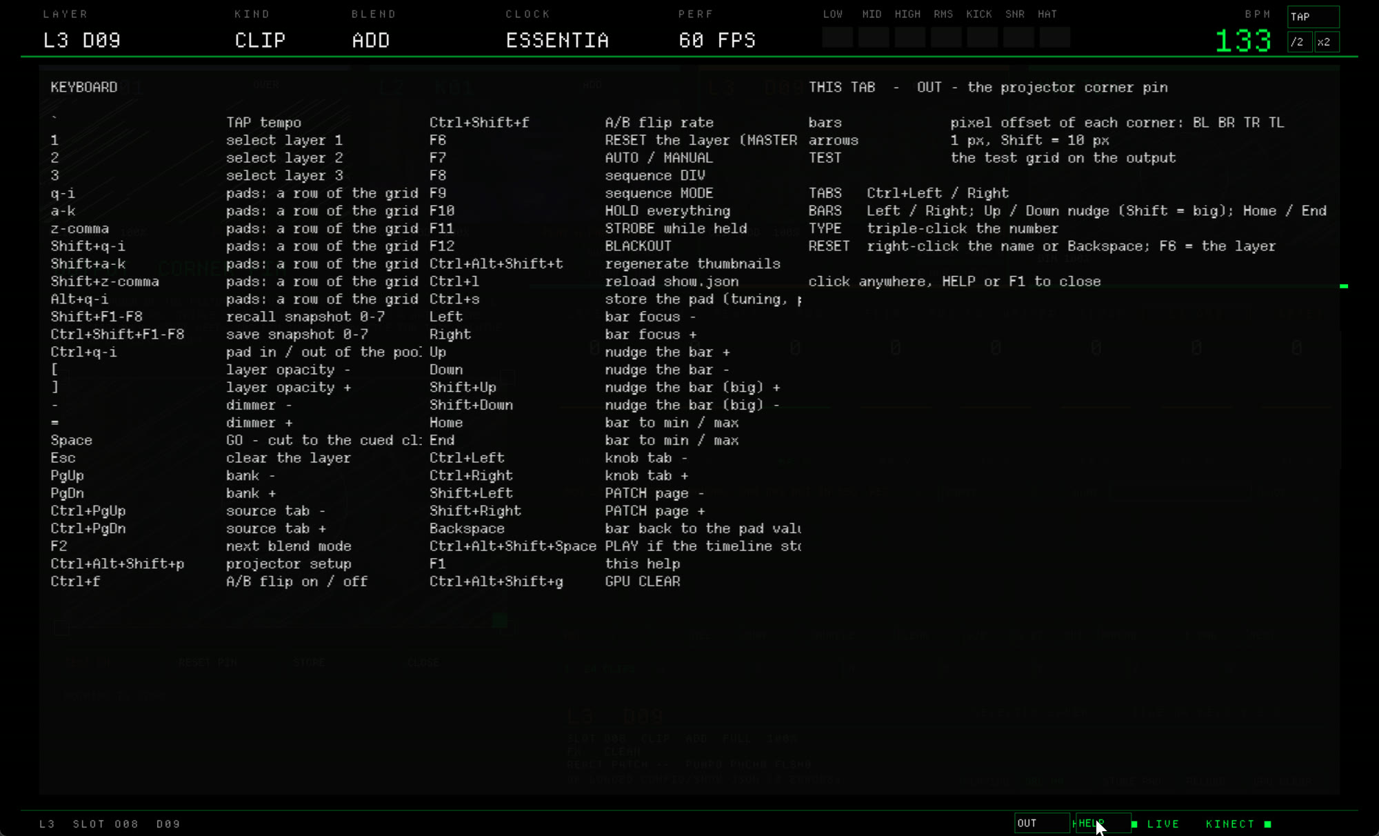 Keyboard help screen listing every shortcut: layers, pads, opacity, banks, snapshots, blackout and more